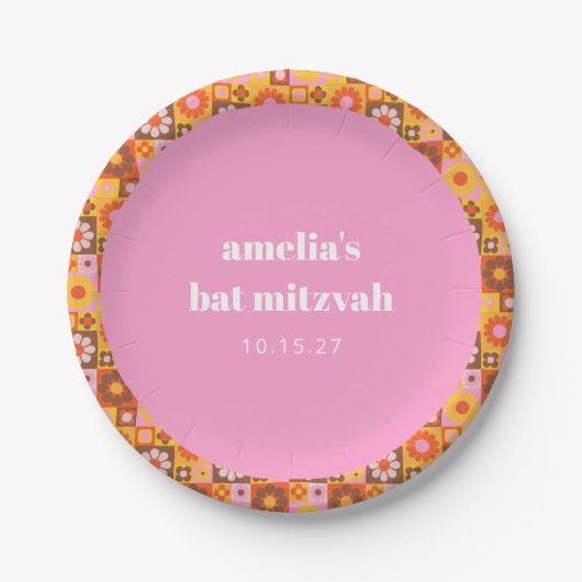 Niedlich Retroflor Rosa Orange Bat Mitzvah Custom Pappteller (Vorderseite)