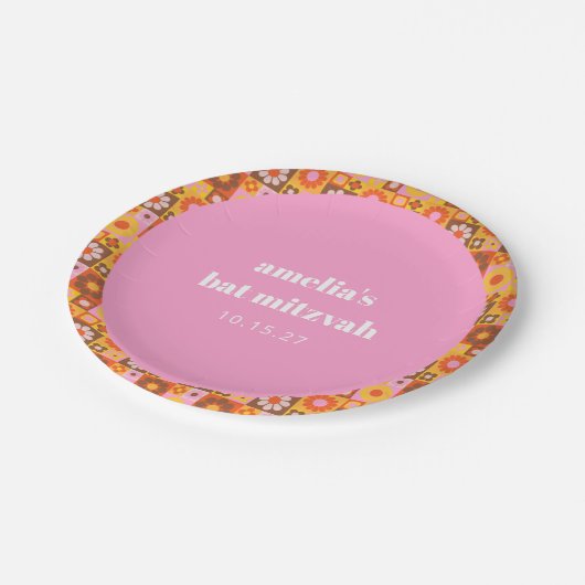 Niedlich Retroflor Rosa Orange Bat Mitzvah Custom Pappteller (Schrägansicht)