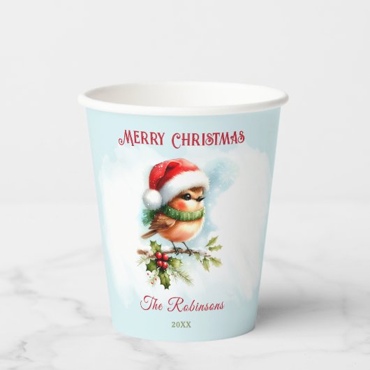 Niedlich Robin In Weihnachtsmannmütze Klassisches Pappbecher (Vorderseite)