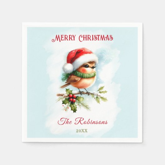 Niedlich Robin In Weihnachtsmannmütze Klassisches  Serviette (Vorderseite)
