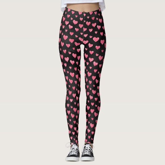 Niedlich Romantischer Rosa Glitzer Herz am Schwarz Leggings (Vorderseite)
