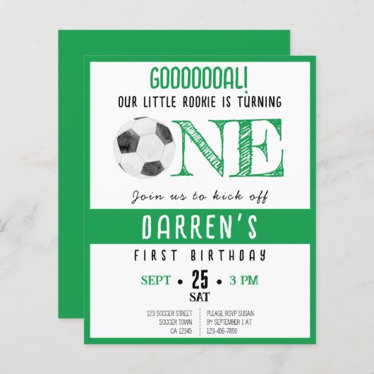 Niedlich Rookie Soccer Budget Grün 1. Geburtstag (Vorne/Hinten)