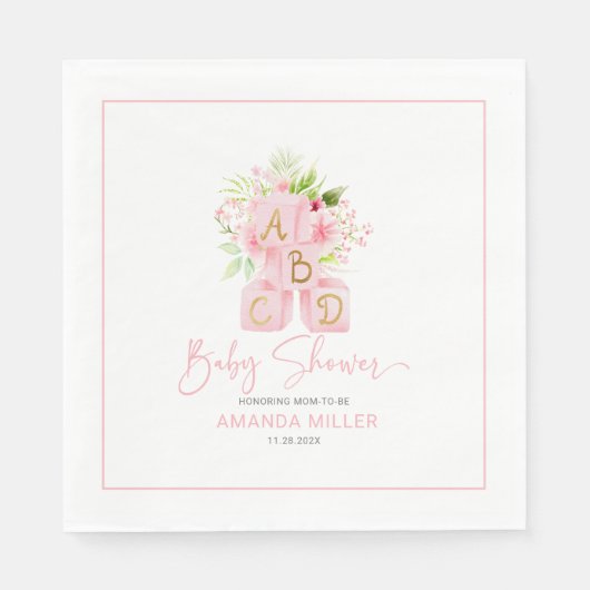 Niedlich rosa Alphabetblöcke mit Blume Serviette (Vorderseite)