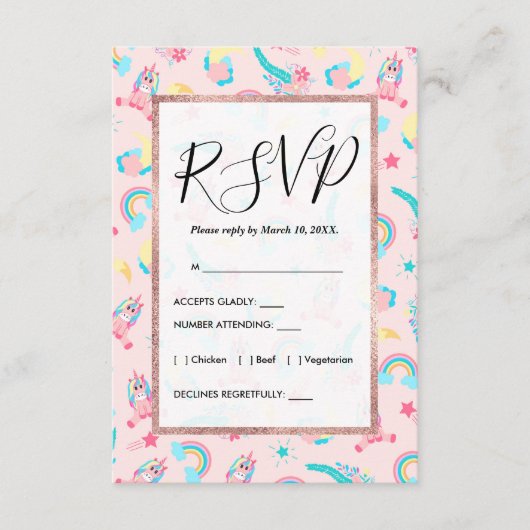 Niedlich rosa Aquamarine Einhornbahn Regenbogen Begleitkarte (Vorderseite)