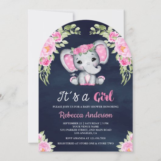 Niedlich rosa Bläserlephant Arch Navy Babydusche Einladung (Vorderseite)