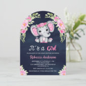 Niedlich rosa Bläserlephant Arch Navy Babydusche Einladung (Stehend Vorderseite)