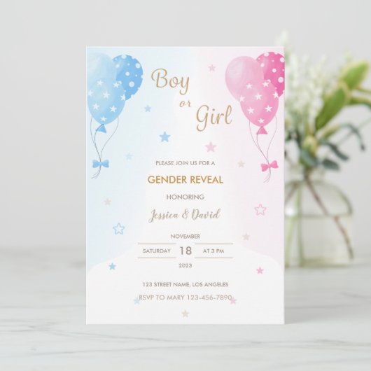 Niedlich-Rosa-Blauer-Balloons-Bericht über Junge o Einladung (Stehend Vorderseite)