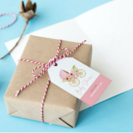 Niedlich rosa Blume dekorierte Kinderwalze Geschenkanhänger