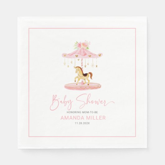Niedlich rosa Blume-dekoriertes Ponykarussell Serviette (Vorderseite)