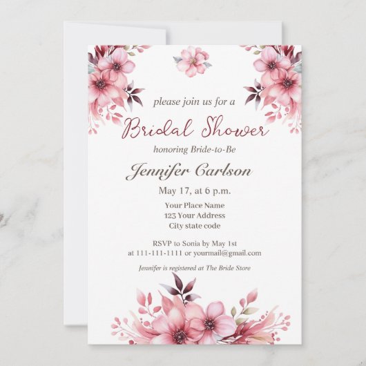 Niedlich Rosa Blume Elegantes Brautparty Einladung (Vorderseite)