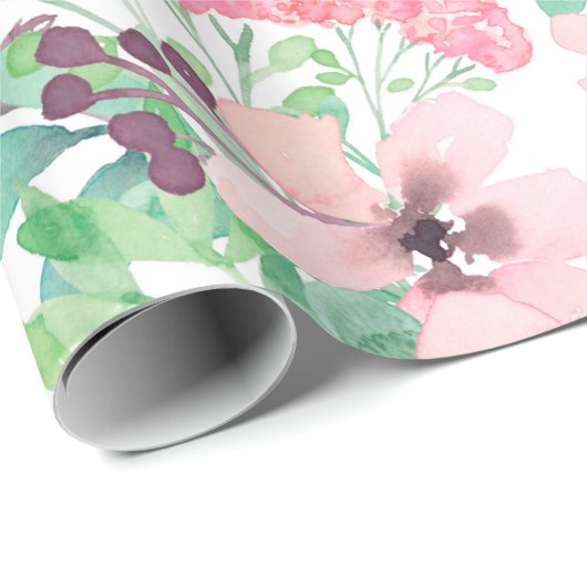 Niedlich rosa Blume Grünes Blattmuster Geschenkpapier (Rolleneckpunkt)