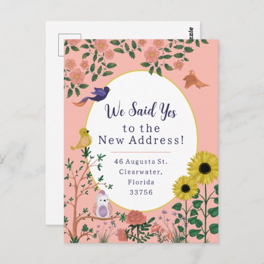 Niedlich-Rosa-Blume und Bird New Address Ankündigu Postkarte (Vorne/Hinten)