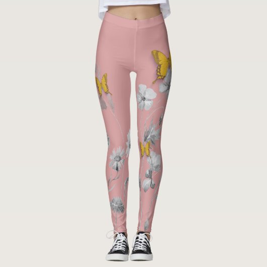 Niedlich-rosa Blumen- und SchmetterlingsLeggings Leggings (Vorderseite)