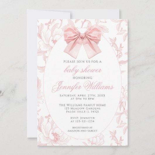 Niedlich rosa Blumencoquette Bow Baby Girl Dusche Einladung (Vorderseite)