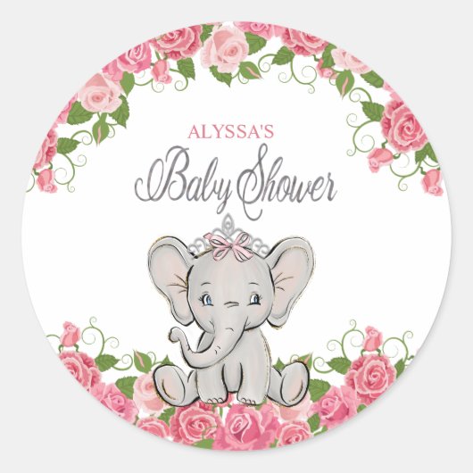Niedlich rosa Blumendruckerin Elephant Babydusche Runder Aufkleber (Vorderseite)