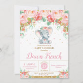 Niedlich rosa Blumenlephant Baby Shower Baby Girl Einladung (Vorderseite)