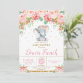 Niedlich rosa Blumenlephant Baby Shower Baby Girl Einladung (Stehend Vorderseite)