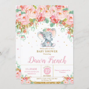 Niedlich rosa Blumenlephant Baby Shower Baby Girl Einladung