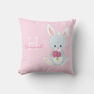 Niedlich rosa Blumenwald Bunny Rabbit Monogram Kissen
