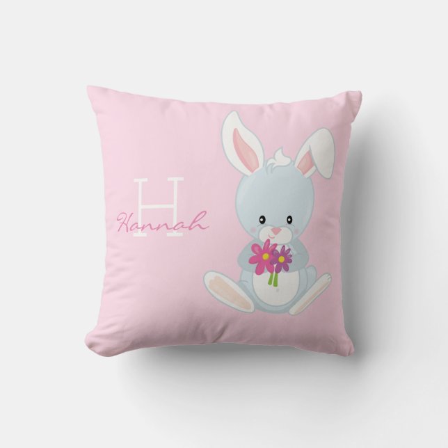 Niedlich rosa Blumenwald Bunny Rabbit Monogram Kissen (Vorderseite)
