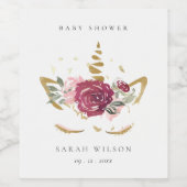 Niedlich rosa Blush Gold Bloral Unicorn Kinderdusc Weinetikett (Einzelnes Label)