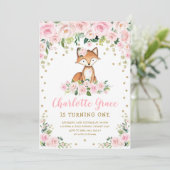 Niedlich Rosa Blütenblättrige Fox Girls Geburtstag Einladung (Stehend Vorderseite)