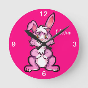 Niedlich rosa Bunny Kids Wall Clock Runde Wanduhr