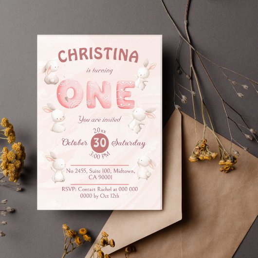 Niedlich rosa Bunny-Themed modern pastellfarben 1. Einladung