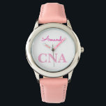 Niedlich rosa CNA Personalisierter Name Armbanduhr<br><div class="desc">Perfektes Geschenk für Krankenpfleger und Assistenzkräfte mit einzigartigem rosa Design.</div>