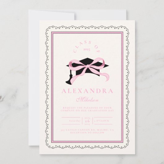 Niedlich rosa Coquette Bow Abschluss Einladung (Vorderseite)