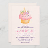 Niedlich rosa Cupcake Einhorn mit Rose Kinderdusch Einladung (Vorne/Hinten)