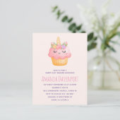 Niedlich rosa Cupcake Einhorn mit Rose Kinderdusch Einladungspostkarte (Stehend Vorderseite)
