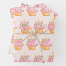 Niedlich rosa Cupcake Einhorn mit Rose Muster Geschenkpapier Set