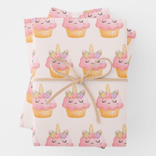 Niedlich rosa Cupcake Einhorn mit Rose Muster Geschenkpapier Set (Beispiel)