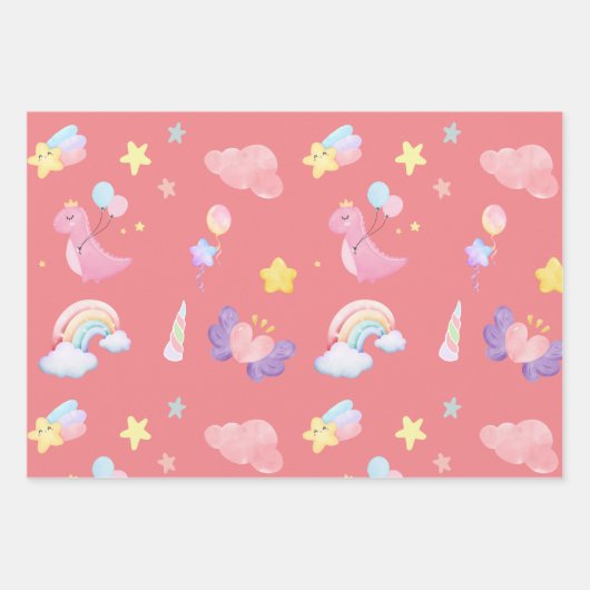 Niedlich-rosa Dinosaurier-Regenbogenballon Muster Geschenkpapier Set (Vorderseite 3)