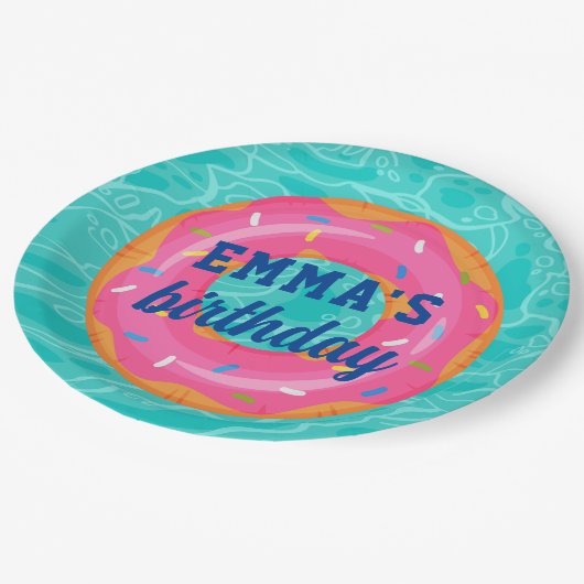 Niedlich rosa Donut Inner Tube Pool Party Geburtst Pappteller (Schrägansicht)