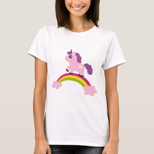 Niedlich rosa Einhorn auf einem Regenbogen T-Shirt (Vorderseite)