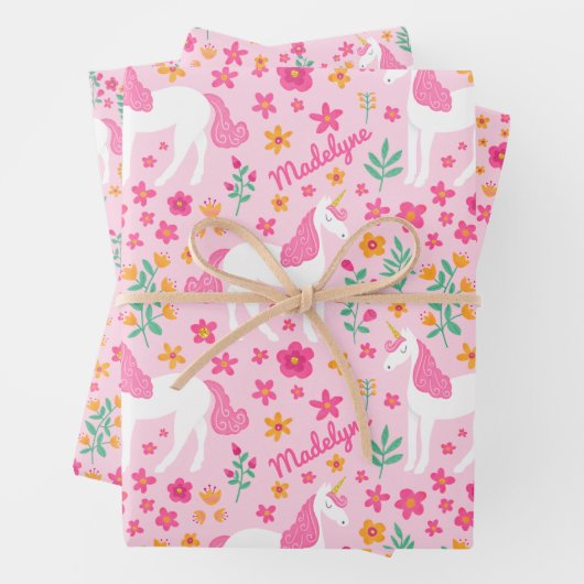Niedlich rosa Einhorn-Blume Muster Personalisiert  Geschenkpapier Set (Beispiel)