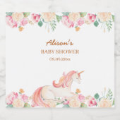 Niedlich rosa Einhorn Blumengrün Babydusche Schaumweinetikett (Einzelnes Label)