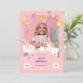 Niedlich rosa Einhorn-Foto Geburtstag Einladung (Stehend Vorderseite)
