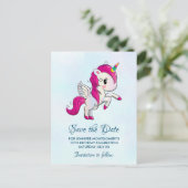 Niedlich rosa Einhorn mit Flügeln Save the Date Postkarte (Stehend Vorderseite)