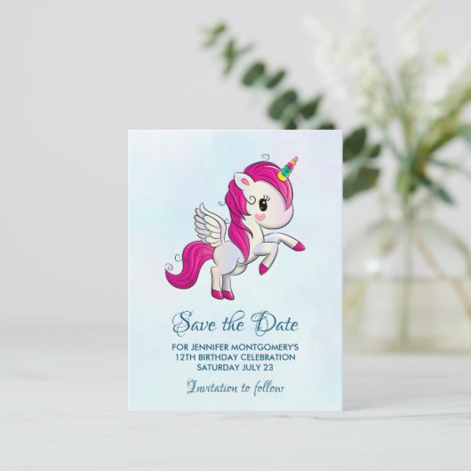 Niedlich rosa Einhorn mit Flügeln Save the Date Postkarte (Stehend Vorderseite)