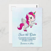 Niedlich rosa Einhorn mit Flügeln Save the Date Postkarte (Vorne/Hinten)