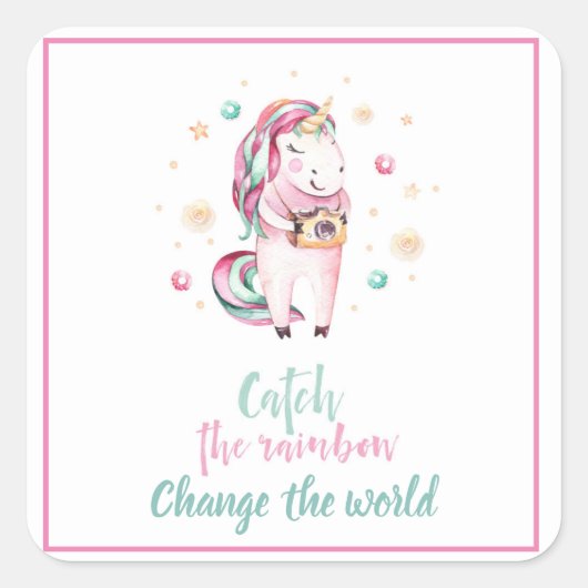 Niedlich rosa Einhorn mit Kamera, Inspiration Quadratischer Aufkleber (Vorderseite)
