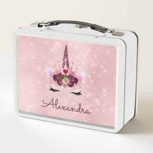 Niedlich-Rosa-Einhorn-Monogramm-Schule Metall Brotdose (Rückseite)