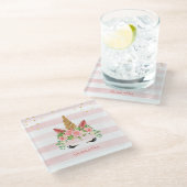 Niedlich rosa Einhorngesicht mit Blume Glasuntersetzer (Schrägansicht)