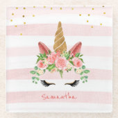 Niedlich rosa Einhorngesicht mit Blume Glasuntersetzer (Vorderseite)