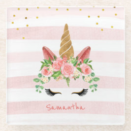 Niedlich rosa Einhorngesicht mit Blume Glasuntersetzer