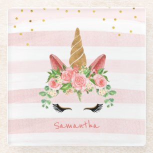 Niedlich rosa Einhorngesicht mit Blume Glasuntersetzer