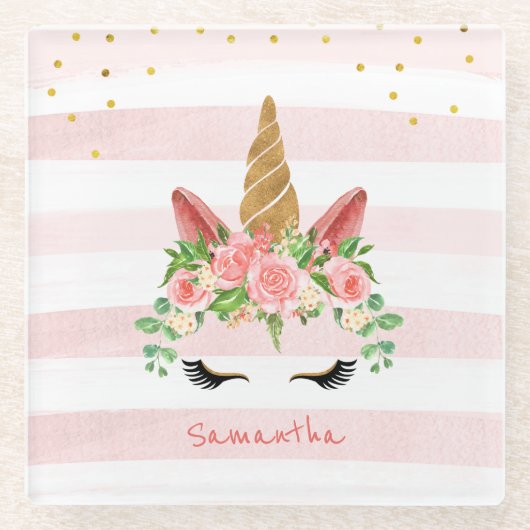 Niedlich rosa Einhorngesicht mit Blume Glasuntersetzer (Vorderseite)